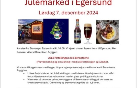 Førjulstur til Berentsen Bryggeri og Julemarked i Egersund lørdag 7. desember 2024