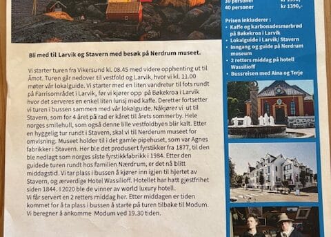 Busstur til Stavern og Nerdrumsmuséet, lunsj og middag og diverse underveis!! Hold av torsdag 19. juni!!