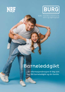 Forsiden av brosjyren, med logo til NRF og BURG. Illustrasjon av en far med to barn. 