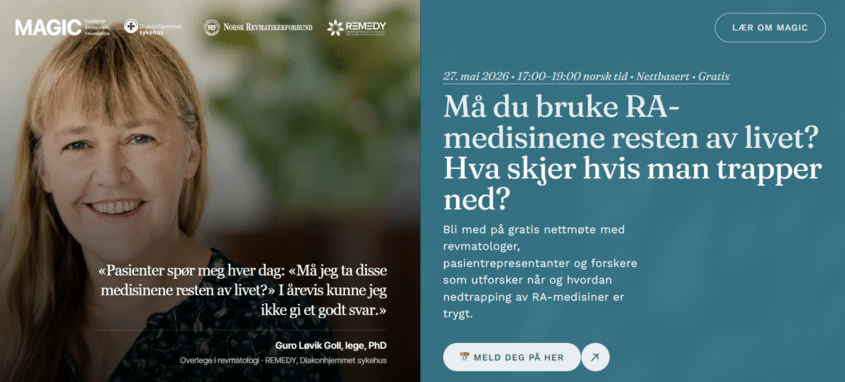 En plakat som viser revmatolog Guro Goll og informasjon om webinaret. All praktisk informasjon står også i teksten under.