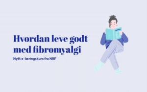 Tittel på kurset og en tegning av en dame som leser en brosjyre om fibromyalgi