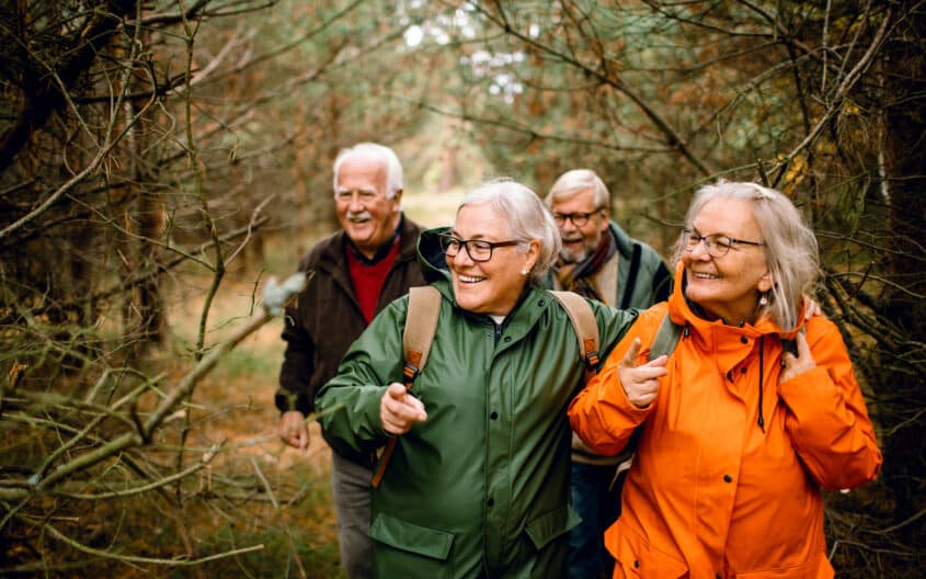 Fire smilende eldre mennesker på tur i skogen