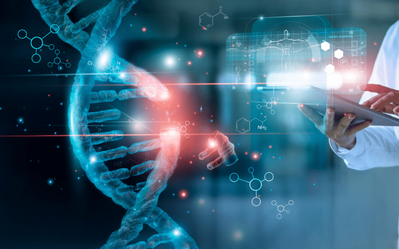 En futuristisk illustrasjon som viser DNA, armer med hvit frakk som trykker på et nettbrett